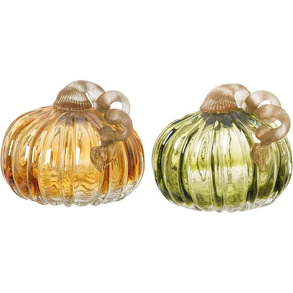 Bilot Set of 2 Glass Pumpkins, Hand Blown Green Amber Glass Pumpkin Thanksgiving Decorations for Home Table Accent for Fall Harvest Thanksgiving Decor