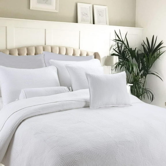 Bilot Square Check Stitch Solid White 100% Cotton Quilt Bedding Set, Bedspread Coverlet Lightweight for All (Maze, King - 3 Piece)
