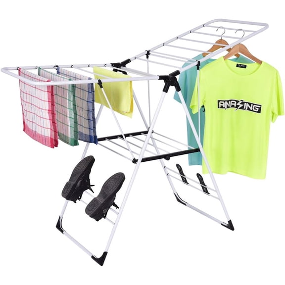 Bilot Steel Clothes Drying Rack with Adjustable , Foldable Gullwing Collapsible Laundry Drying Rack with Shoe Holder and Shelves, Space Saving Drying Rack for Underwear, , Pants