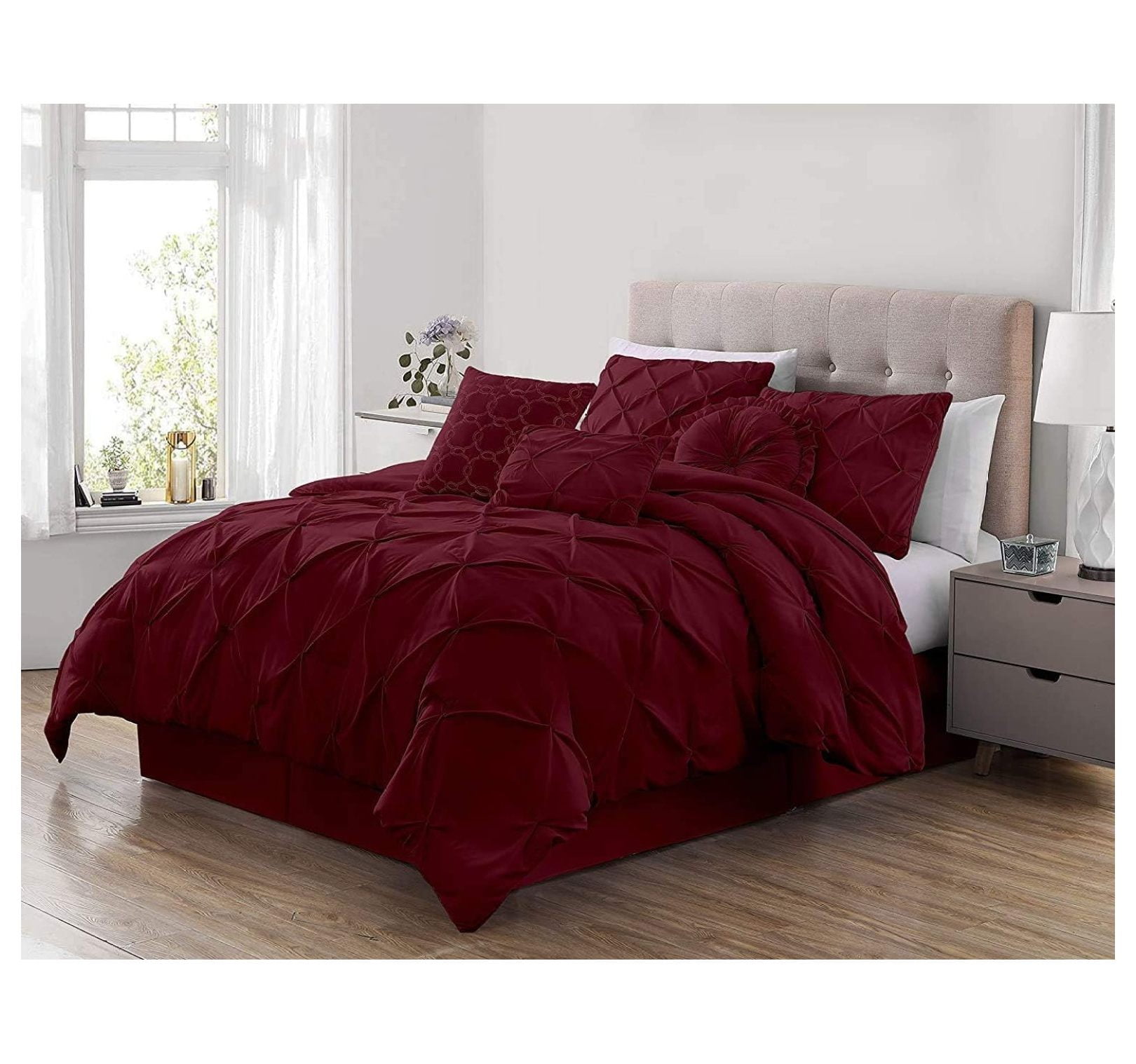 Bilot Sydney 7 Piece Pinch Pleat Pintuck Bedding Comforter Set Queen Burgundy