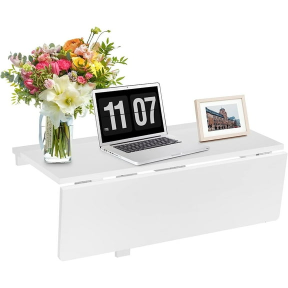 Bilot Wall Mounted Folding Table, 31.5" x 23.5" Drop-Leaf Floating Writing Desk for Small Spaces, Space-Saving Fold Down Laptop Workstation for Kitchen, Bedroom, Laundry Room, Study Room (White)