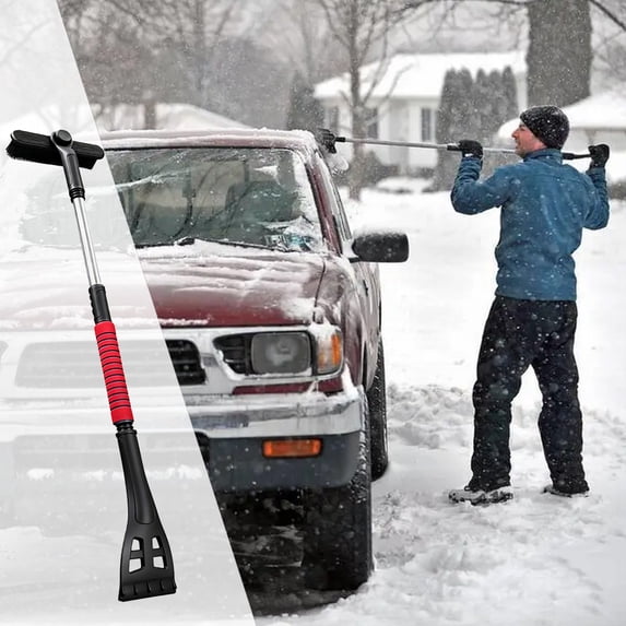 Bilqis 3 in 1 Snow Brush with Ice Scraper for Car Windshield Extendable, Scraper with Foam Grip, Snow Removal with Squeegee Heavy Duty, 180° Rotating Head Car Window Cleaner for Winter