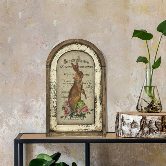 Bilqis Bunny Decor French Country Decor, Rabbit Wall Art Rustic Farmhouse Decor, Rustic Wooden Vintage Wall Decor with Frame, Bunny Rabbit Art Poster for Home and Easter Decoration