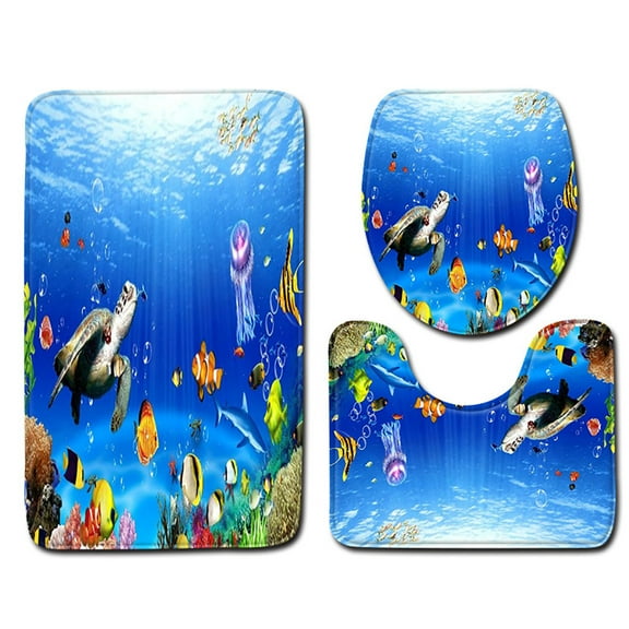 Bilqis The Underwater World Tropical Fish Print Bathroom Rugs Set 3 Pieces, Bathroom Mats Sets with U-Shaped Toilet Mat Bathroom