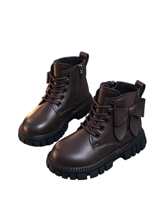 Ankle Boots for Girls Bow Lace Up Solid Faux Leather Martin Boots Side Zipper Round Toe Soft Sole Non-slipping Shoes School Outdoor Daily Fall Winter Footwear Brown,12.5 Little Kids