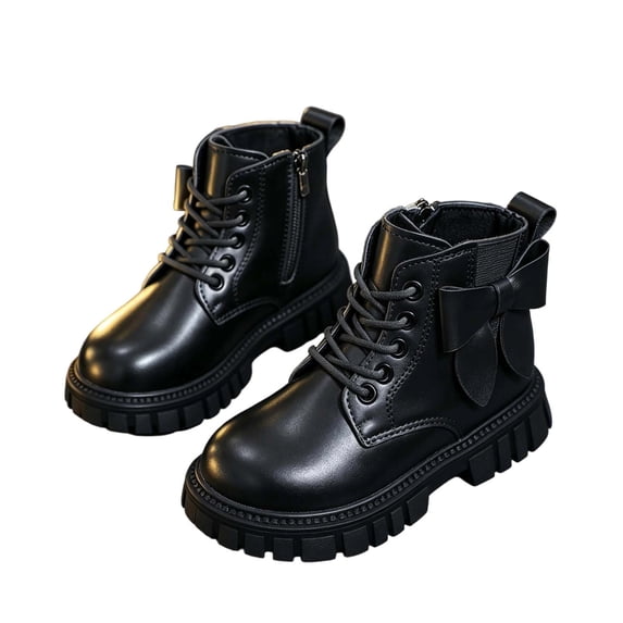 Bilqis Fashion Ankle Boots for Girls Bow Lace Up Solid Faux Leather Martin Boots Side Zipper Round Toe Soft Sole Non-slipping Shoes School Outdoor Daily Fall Winter Footwear Black,3 Big Kids