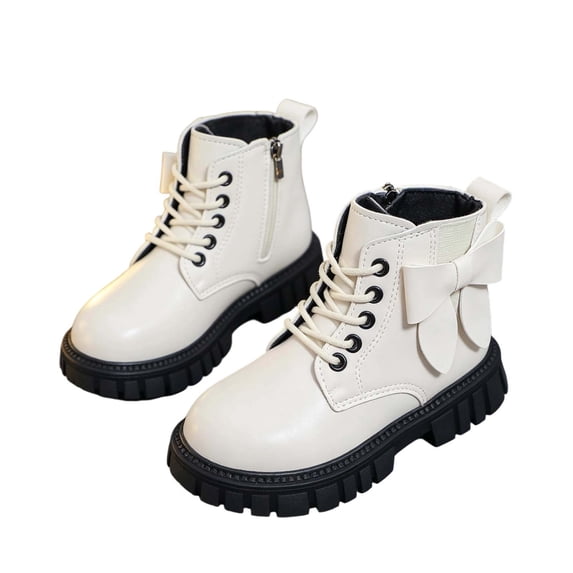 Bilqis Fashion Ankle Boots for Girls Bow Lace Up Solid Faux Leather Martin Boots Side Zipper Round Toe Soft Sole Non-slipping Shoes School Outdoor Daily Fall Winter Footwear White,13.5 Little Kids