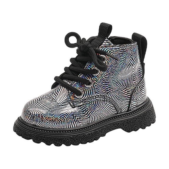 Bilqis Fashion Ankle Boots for Girls Glitter Lace Up Glossy Faux Leather Upper Mid Calf Boot Round Toe Thick Sole Footwear Neighborhood Casual Strolls Fall Shoes Black,10