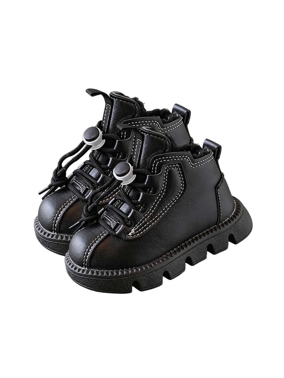 Ankle Boots for Little Girls Toggle Lace Up Fleece Lined PU Leather Short Boots Round Toe Non-slipping Chunky Sole Footwear School Outdoor Daily Winter Shoes Black,7 Toddler