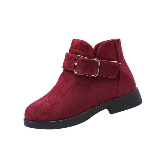 Bilqis Fashion Girls Ankle Boots Casual Soft Flock Upper Decorative Buckle Short Boots Chunky Thick Sole Round Toe Adjustable Strap Booties Daily Fall Winter Fashion FootwearWine,11.5