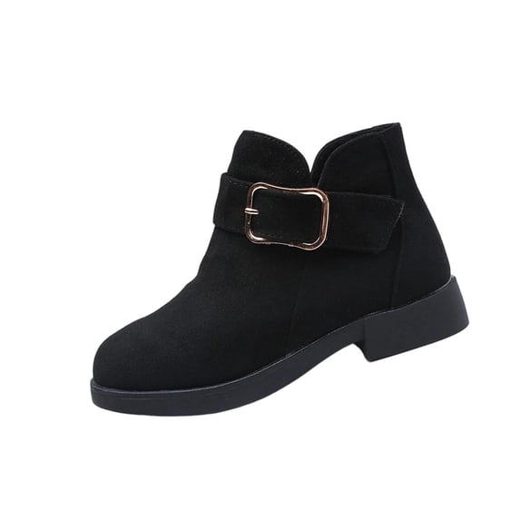 Bilqis Fashion Girls Ankle Boots Casual Soft Flock Upper Decorative Buckle Short Boots Chunky Thick Sole Round Toe Adjustable Strap Booties Daily Fall Winter Fashion FootwearBlack,11.5