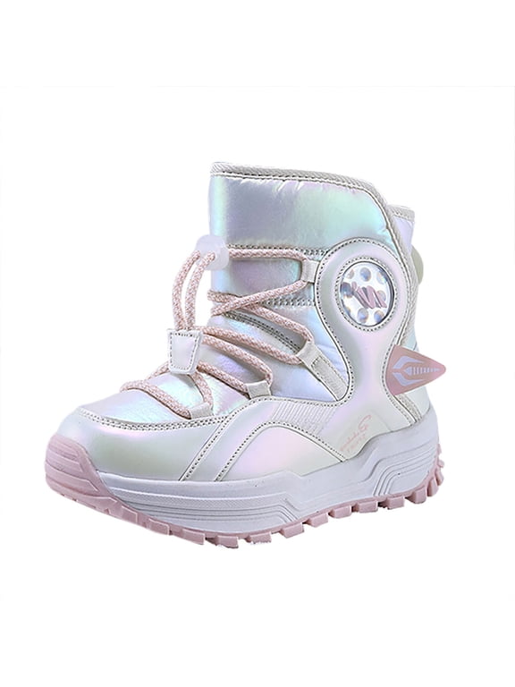 Mid Calf Boots for Big Kids Toggle Lace Up Snow Boots Round Toe Thick Sole Non-slipping Warm Shoes Outdoor Skiing Sports Fall Winter Footwear Beige,12.5 M
