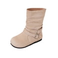 thumbnail image 1 of Bilqis Fashion Mid Calf Boots for Girls Double Side Buckle Strap Decor Thin Fleece Lined Suede Upper Ankle Boot Round Toe Flat Sole Footwear School Fall Winter Shoes Beige,10 Little Kids, 1 of 5