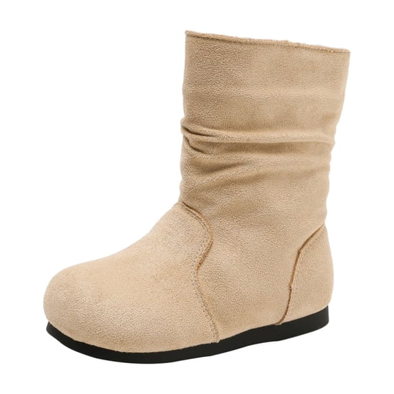 Bilqis Fashion Mid Calf Snow Boots for Girls Solid Plain Decor‑free Thin Fleece Lined Suede Upper Ankle Boot Round Toe Flat Sole Footwear Weekend Leisure Fall Winter Shoes Beige,12.5 Little Kids