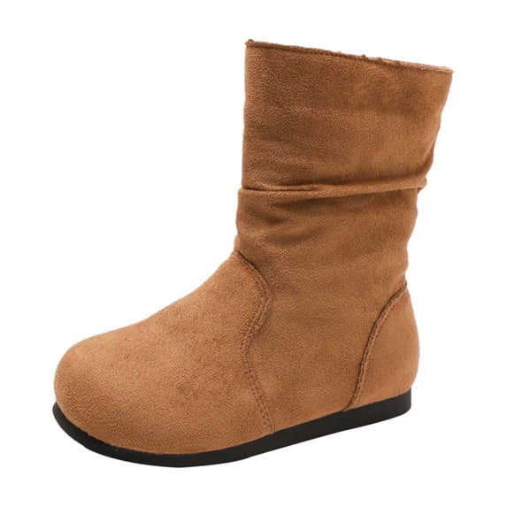 Bilqis Fashion Mid Calf Snow Boots for Girls Solid Plain Decor‑free Thin Fleece Lined Suede Upper Ankle Boot Round Toe Flat Sole Footwear Weekend Leisure Fall Winter Shoes Brown,13 Little Kids