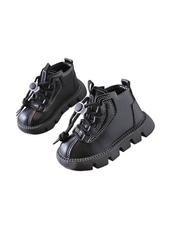 Short Boots for Little Girls Toggle Lace Up PU Leather Ankle Boots Round Toe Non-slipping Soft Sole Footwear Casual School Daily Winter Shoes Black,6.5 Toddler