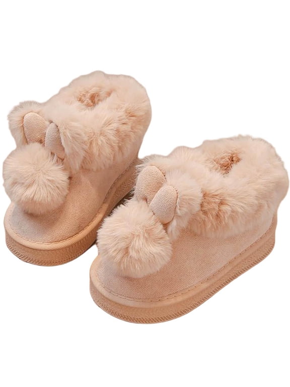 Snow Boots for Girls Bunny Ears Fluffy Plush Slipper Boots Round Toe Thick Sole Non-slipping Cozy Warm Shoes Indoor Outdoor Daily Fall Winter Footwear Beige,9.5 M