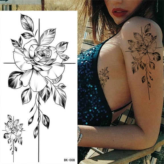 Bilqis Temporary Tattoos for Women, 3D Black White Sketch Fake Flower Tattoos Stickers, Semi Permanent Half Sleeve Tattoo Body Leg Makeup Waterproof Flower Tattoo Sticker