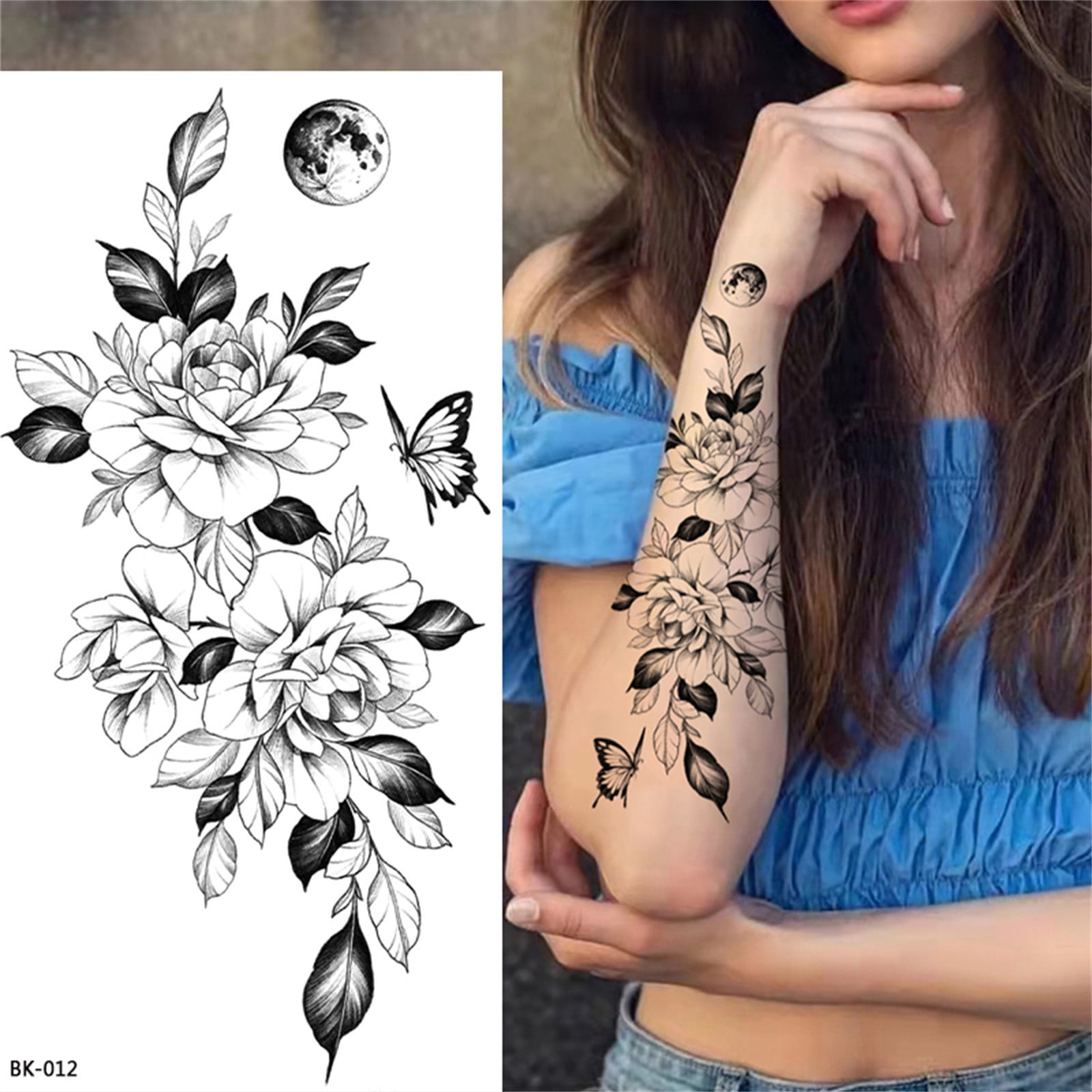 Bilqis Temporary Tattoos for Women, 3D Black White Sketch Fake Flower  Tattoos Stickers, Semi Permanent Half Sleeve Tattoo Body Leg Makeup  Waterproof Flower Tattoo Sticker - Walmart.com, image size:1600x1600