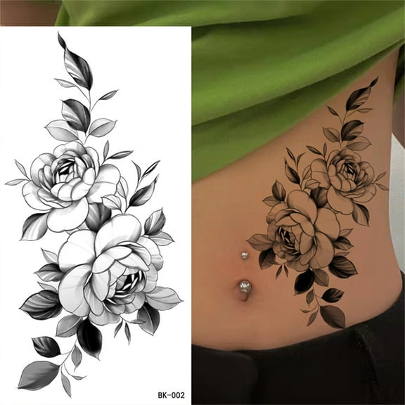 Bilqis Temporary Tattoos for Women, 3D Black White Sketch Fake Flower Tattoos Stickers, Semi Permanent Half Sleeve Tattoo Body Leg Makeup Waterproof Flower Tattoo Sticker