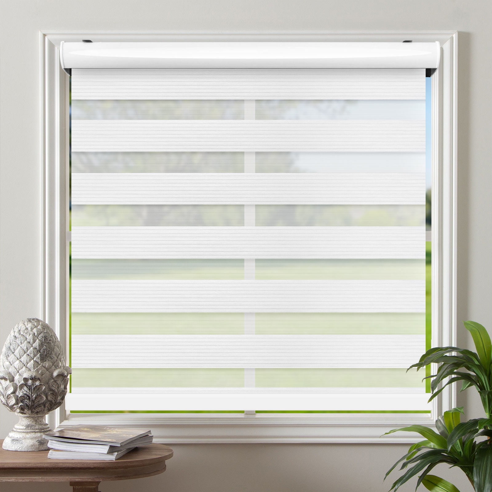 Zebra Cordless Window Blinds, Dual Layered Light Filtering Roller Shades, Easy Install Blinds, Indoor Home Decor, Pull-Down Shades for Windows, Light Control for Day & Night, White, 72"W X 72"H