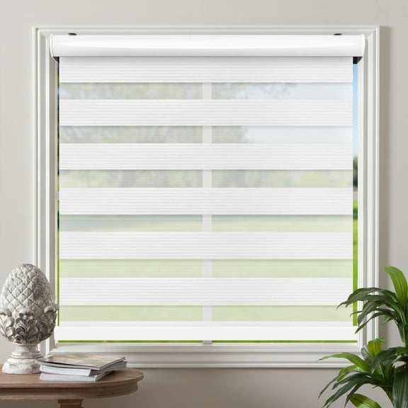 Zebra Cordless Window Blinds, Dual Layered Light Filtering Roller Shades, Easy Install Blinds, Indoor Home Decor, Pull-Down Shades for Windows, Light Control for Day & Night, White, 66"W X 72"H
