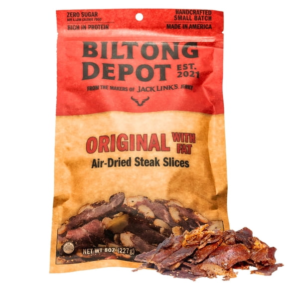 Biltong Depot Original Beef Biltong Slices with Fat 8oz | Air-Dried Beef Jerky Snack | High Protein | Zero Sugar | Keto & Paleo Friendly | Gluten Free | No Artificial Preservatives | No MSG