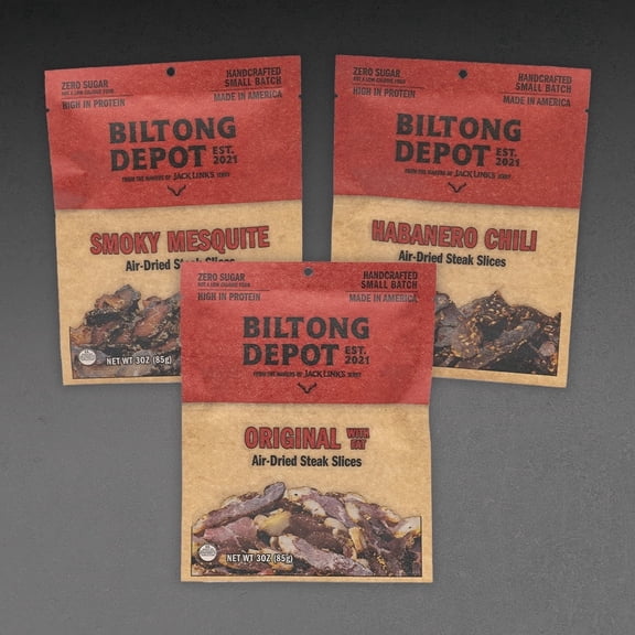 Biltong Depot Steak Slices Variety Pack (3oz, pack of 3): High Protein Snacks, No Sugar, Natural Dried Beef Jerky