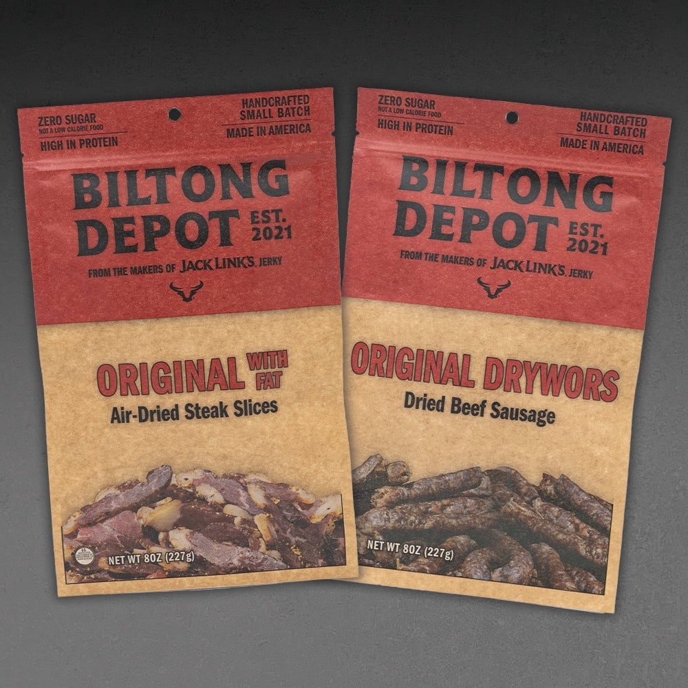 Biltong Depot Biltong/Drywors Bundle (8oz, pack of 2): Original Steak Slices with Fat & Original Drywors - High Protein Snack, No Sugar, Natural Dried Beef Jerky & Beef Sticks