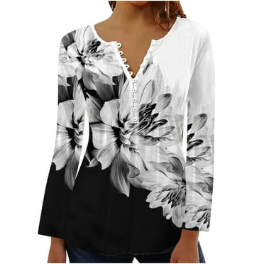 Bilu Women's V Neck Button Down Summer Top - Fold Printed, Long Sleeves, Regular Fit - Plus Size Tops for Women 2023