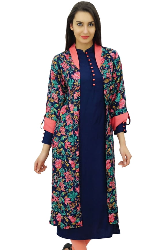 2 Pcs Designer Floral Long Shrug Jacket With Straight Kurti Tunic Designer Dress