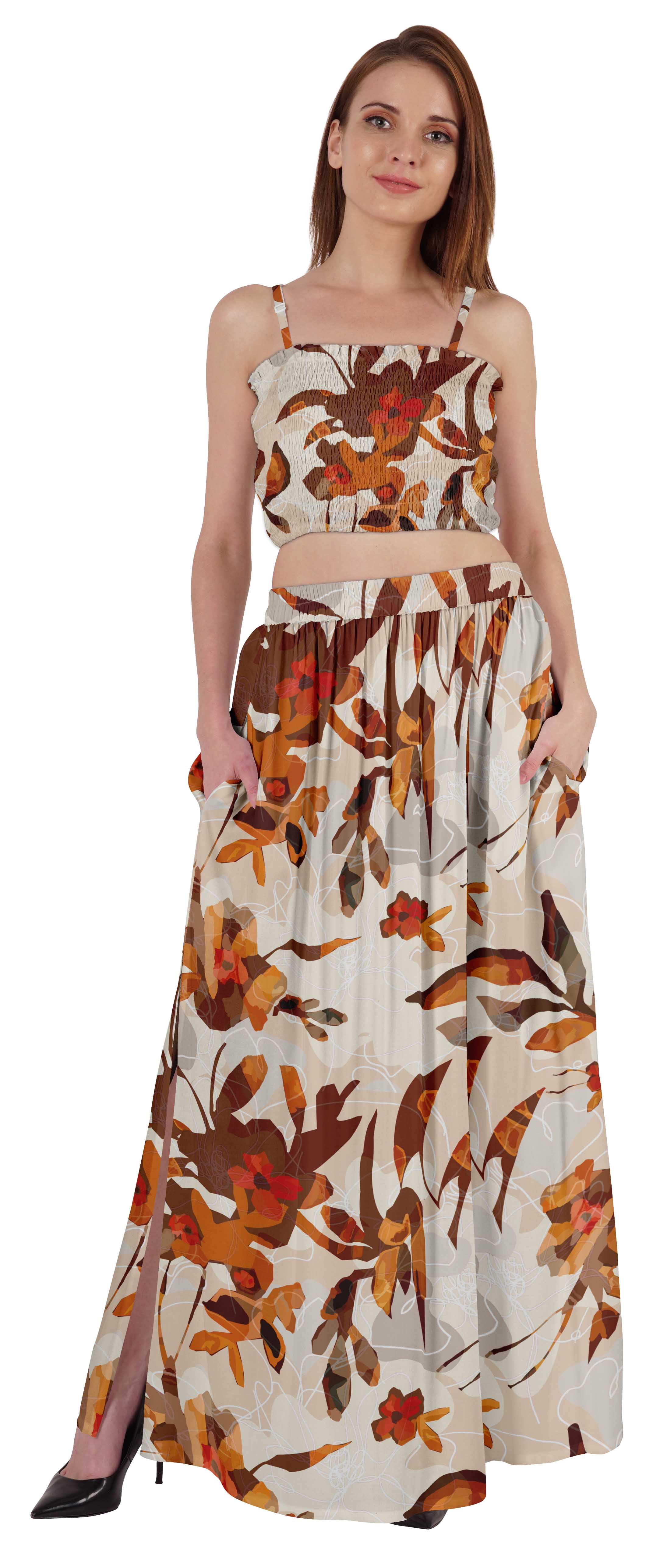 Bimba 2 Pcs Sexy Beach Party Wear Dress For Womens Printed Smocked Crop Top & Long Skirt