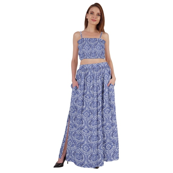 Bimba 2 Pcs Sexy Beach Party Wear Dress For Womens Printed Smocked Crop Top & Long Skirt CoordSet