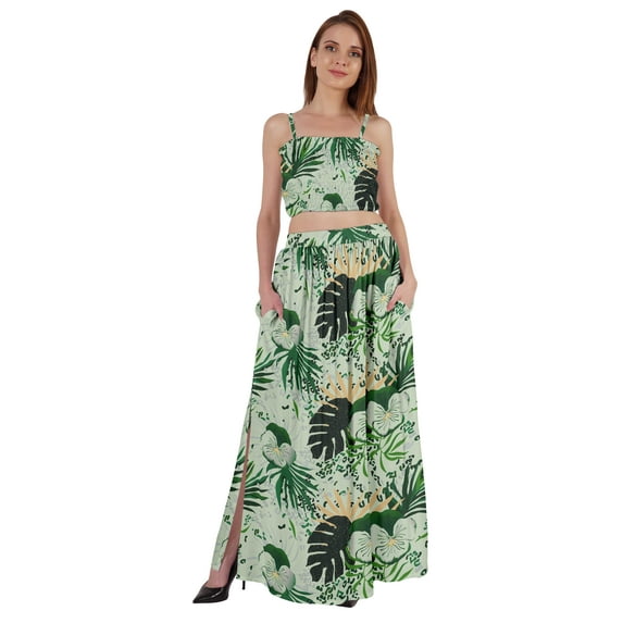 Bimba 2 Pcs Sexy Beach Party Wear Dress For Womens Printed Smocked Crop Top & Long Skirt CoordSet