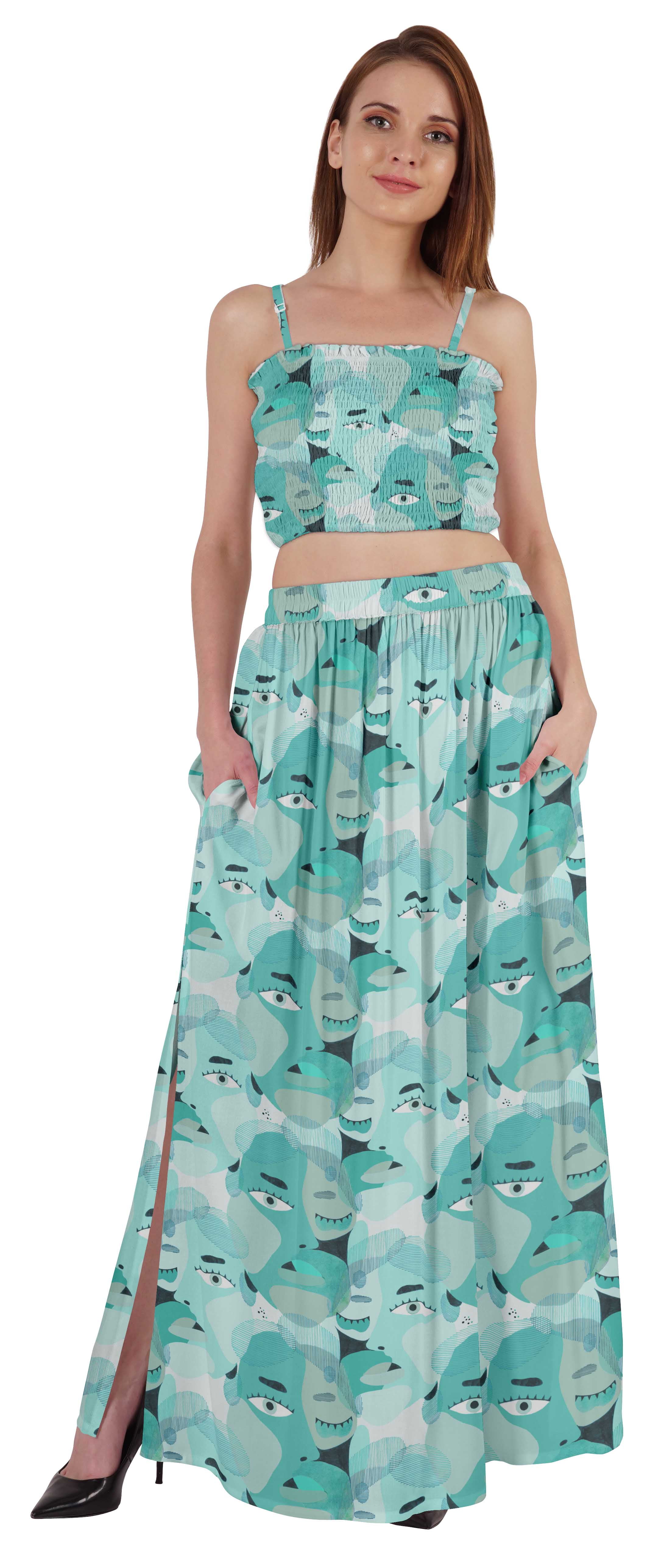 Bimba 2 Pcs Sexy Beach Party Wear Dress For Womens Printed Smocked Crop Top & Long Skirt