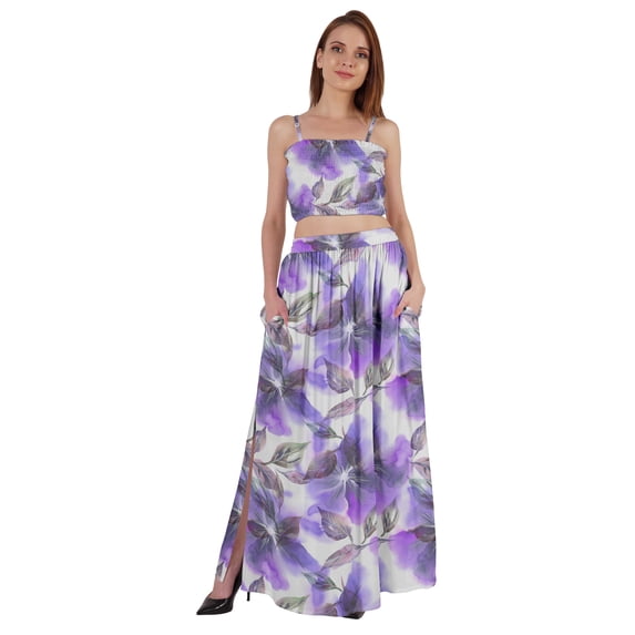 Bimba 2 Pcs Sexy Beach Party Wear Dress For Womens Printed Smocked Crop Top & Long Skirt CoordSet