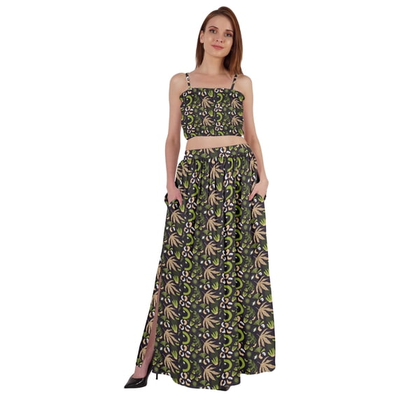 Bimba 2 Pcs Sexy Beach Party Wear Dress For Womens Printed Smocked Crop Top & Long Skirt CoordSet