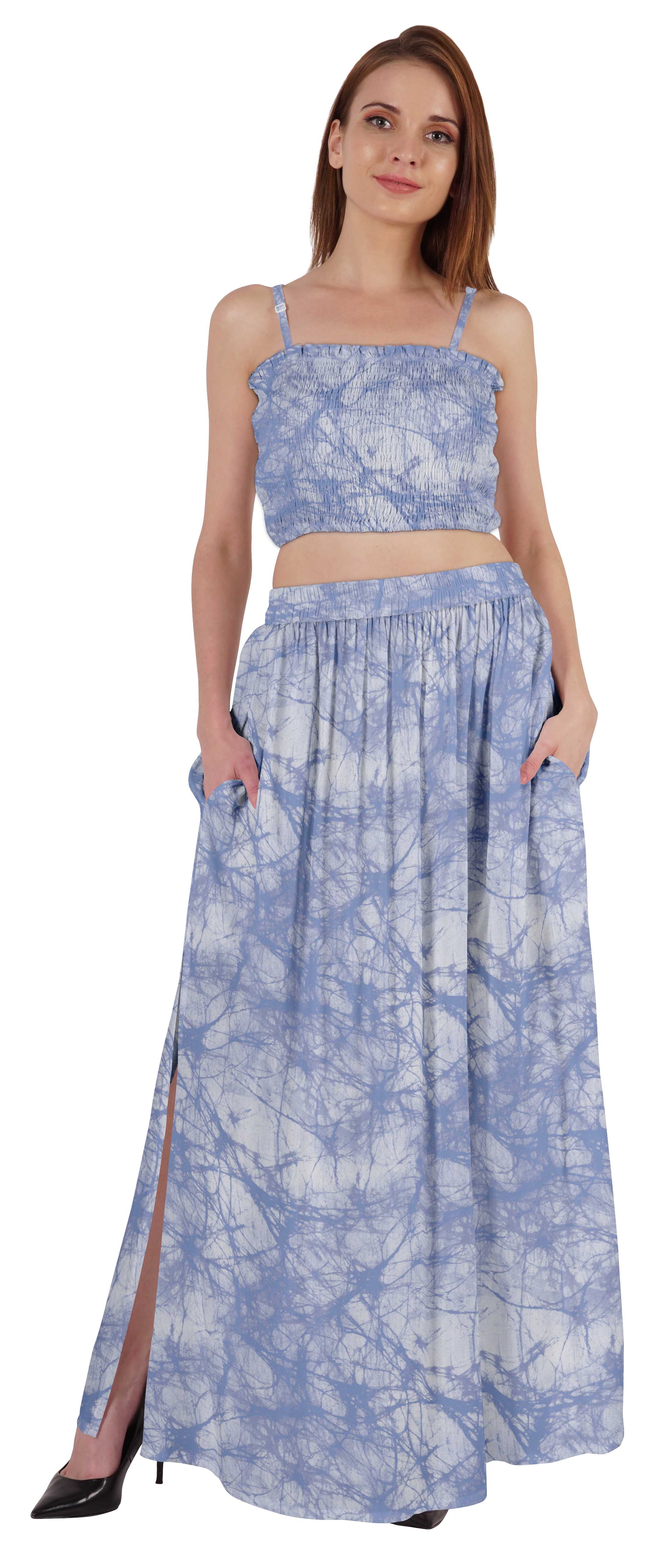 Bimba 2 Pcs Sexy Beach Party Wear Dress For Womens Printed Smocked Crop Top & Long Skirt CoordSet