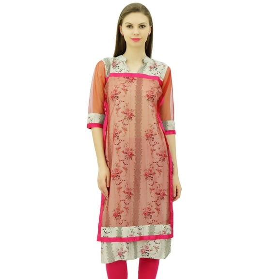 Bimba 3/4 Sleeve Designer Ladies Tunic Double Layer Chic Printed Ethinc Kurta Indian Kurti