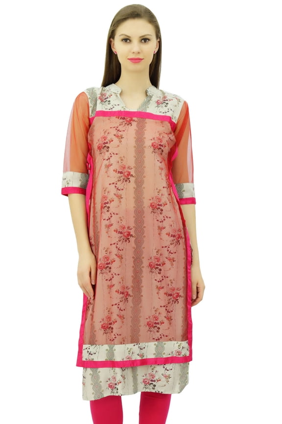 3/4 Sleeve Designer Ladies Tunic Double Layer Chic Printed Ethinc Kurta Indian Kurti