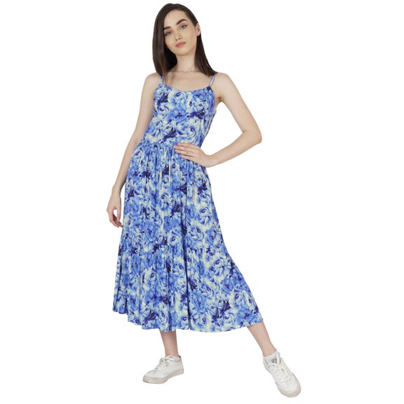 Bimba Adjustable Spaghetti Strap Dresses For Women Casual Summer Printed Rayon Maxi Dress