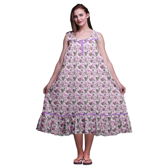 Bimba Amethyst Leaves Leaves Sleeveless Cotton Nightgowns For Women Printed Mid-Calf Length Sleepwear Medium