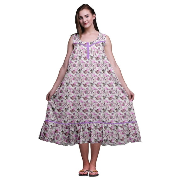 Bimba Amethyst Leaves Leaves Sleeveless Night Gown For Womens Cotton Printed Nightwear Ladies Sleepwear Large