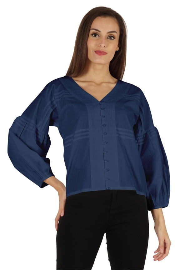 Balloon Sleeve Top Button-Down Shirt Summer Loose Fit Pleated Blouse For Women's
