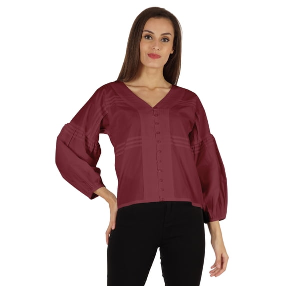 Bimba Balloon Sleeve Top Button-Down Shirt Summer Loose Fit Pleated Blouse For Women's