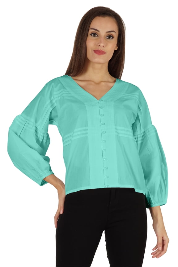 Balloon Sleeve Top Button-Down Shirt Summer Loose Fit Pleated Blouse For Women's