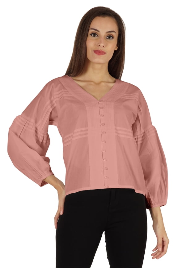 Balloon Sleeve Top Button-Down Shirt Summer Loose Fit Pleated Blouse For Women's