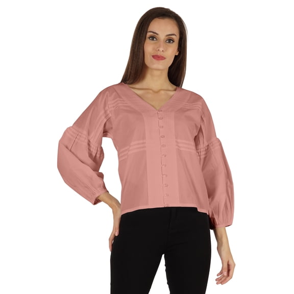 Bimba Balloon Sleeve Top Button-Down Shirt Summer Loose Fit Pleated Blouse For Women's