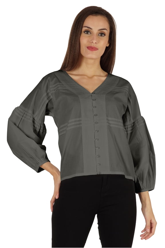 Balloon Sleeve Top Button-Down Shirt Summer Loose Fit Pleated Blouse For Women's