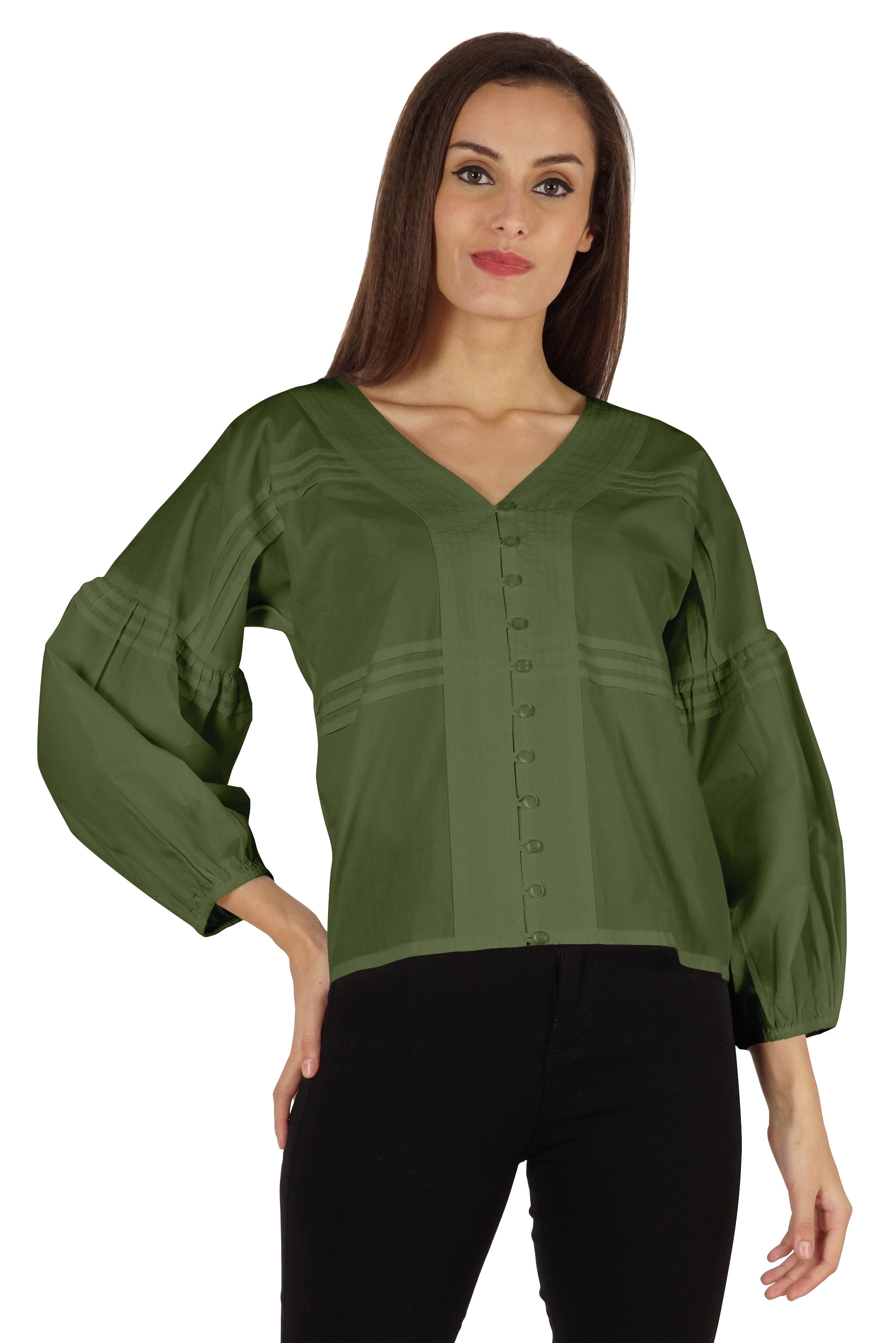 Printed Button Down Top with 3/4 Length Balloon Sleeves